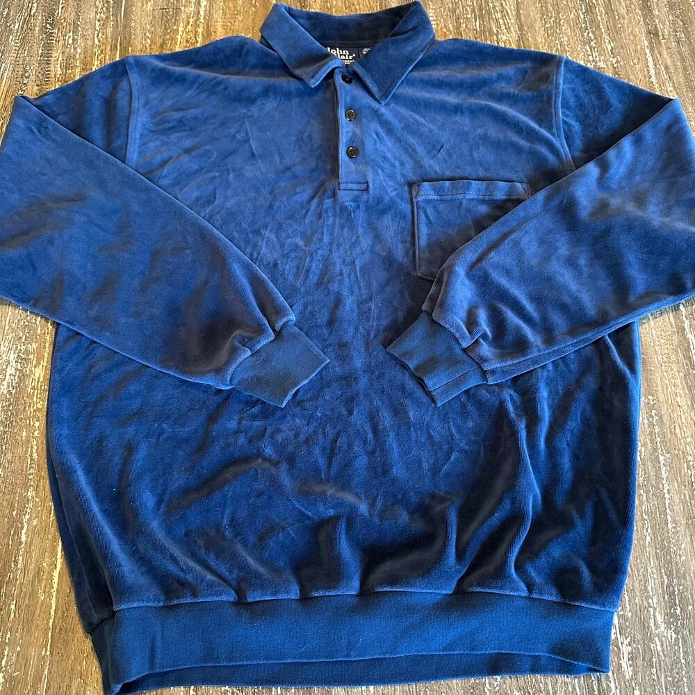 Vintage John Blair Velour Long Sleeve Polo Shirt Navy Dark Blue Men’s Size M